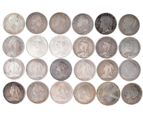 A quantity of British silver coins, including: Victoria, crown, 1893, LVI, nearly very fine, (2); Victoria, crown, 1894, LVII
