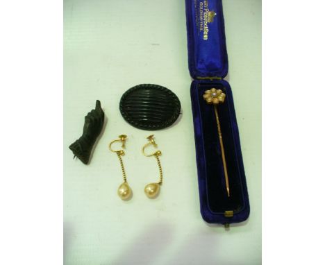 A pair of cultured pearl drop earrings, to a yellow metal screw back, together with a seed pearl and coral floral stick pin a