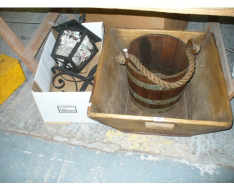 An Old rustic dough tub, a wooden pail with a rope swing handle and a wall mounted iron lantern. (3)