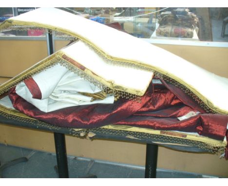 Two pairs of lined gold and Burgundy silk curtains complete with pelmets.