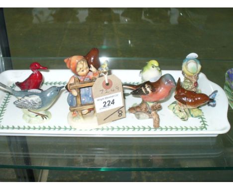 6 Beswick bird figures including a robin , blue tit, wren, a Royal Doulton flambe duck (a/f ), a Goebel model of a girl by a 