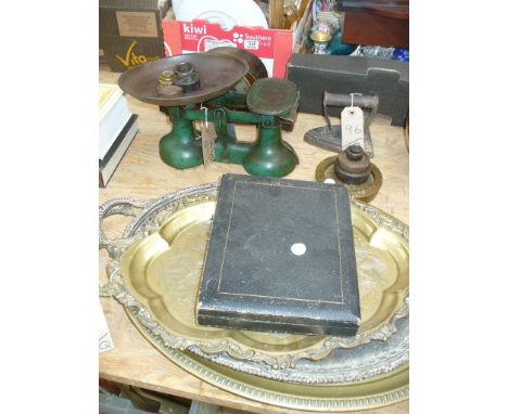 Three oval silver plated trays , kitchen scales and nest weights, cased fish knives and forks, flat iron, mahogany cased mant