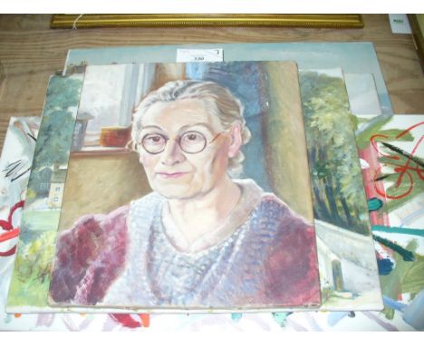 7 Paintings by the artist Thomas G Hill, portrait of an elderly woman head and shoulders, oil on canvas , rural landscapes, c