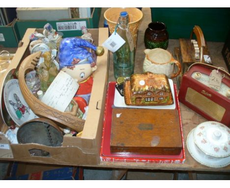 A Box of decorative ceramics, bisque figures, cottage ware cheese dish and cover, a West German pottery vase, a Crown Devon m