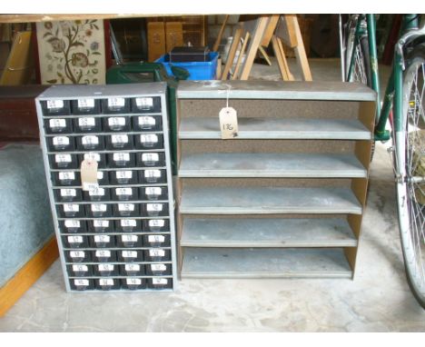 A Metal and plastic storage chest and a metal wall shelf. (2)