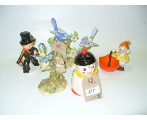 A Goebel clown marmalade pot, a Goebel sweep figure , a gnome figural ashtray and 2 Crown Staffordshire bird groups. (5)