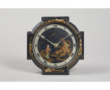 An Edwardian chinoiserie decorated wood and brass strut timepieceThe movement by Buren, Switzerland, circa 1920The shaped cas