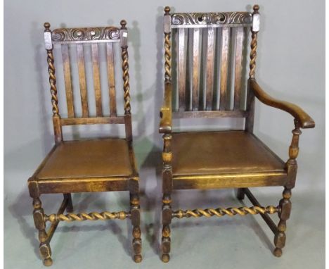 A set of six 17th century style oak stick back chairs on barley-twist supports. 