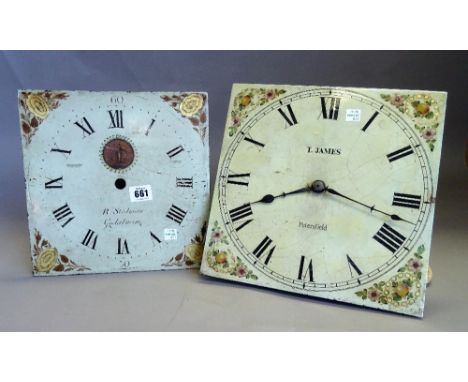 A 30-hour longcase clock movement Signed T. James, PetersfieldWith 11in. square white-painted dial and another 10in. white-pa