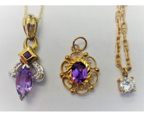 A 9ct two colour gold, amethyst and diamond set pendant, with a neckchain, a colourless gem set solitaire pendant, with a 9ct