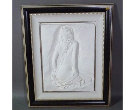 A 20th century plaster relief panel by Bill Mack depicting a scantily clad female, 76cm x 95cm. 