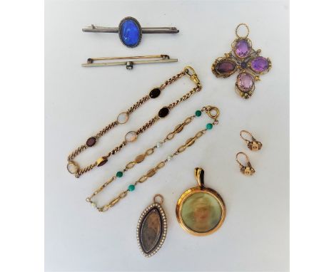 A gold, cultured pearl and green gem set bracelet, a gold, garnet and gem set bracelet, detailed 9 CT, a gold, blue enamelled