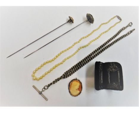 A silver curb link gentleman's watch Albert chain, fitted with a T bar and with two various swivels, a single row necklace of