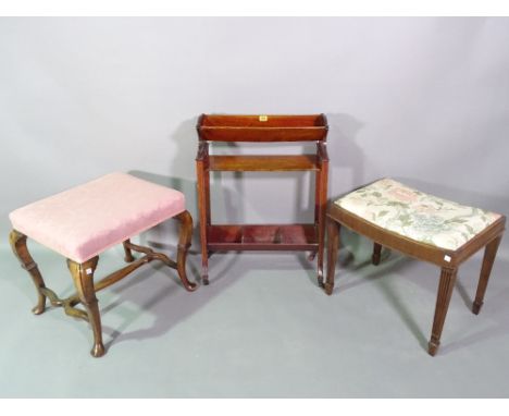 An Edwardian mahogany and inlaid book trough, 52cm wide x 77cm high, a George I style walnut footstool, 51cm wide x 49cm high