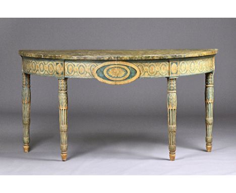 A late 18th century polychrome painted demi-lune console table, possibly Italian, with faux marble top and four tapering flut
