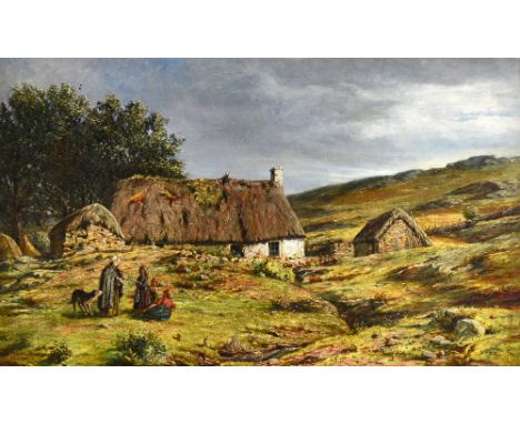 John Henderson (1860-1924), Figures before a crofter's cottage in a landscape, oil on canvas, signed, 44cm x 74cm. Illustrate