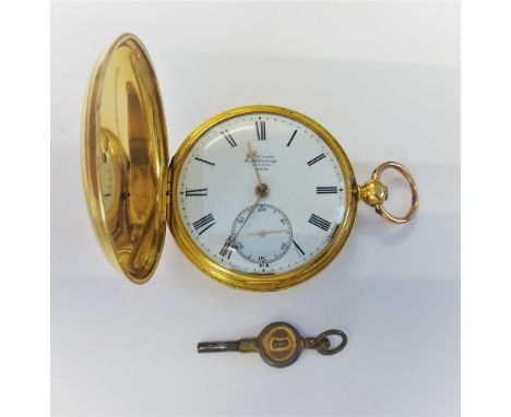 An 18ct gold, key wind, hunting cased gentleman's pocket watch, the gilt fusee movement with a duplex escapement, detailed to