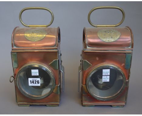 A pair of 4 inch Merryweather copper and brass cased automobile oil lamps. (2) 