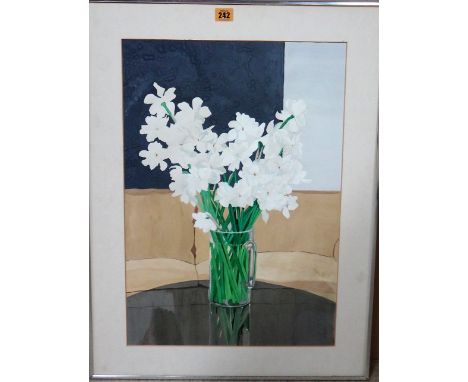 Sylvia Simon (20th century) Narcissus with beige sofa, 1976, gouache, signed with initial, 56cm x 38cm.