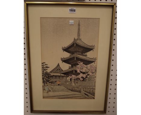 A group of five Japanese prints, 20th century, comprising; a print of a cart of flowers; three prints after Hokusai and a pri