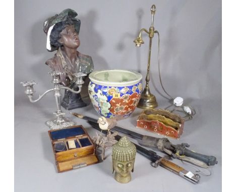 Collectables, including; a plaster bust of a boy, a plated table candelabra, an Asian jardiniere, a carved model of a bird, a