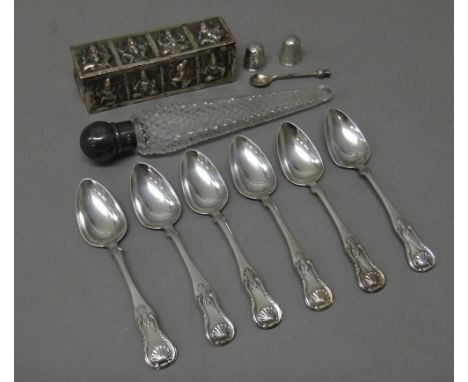 A set of six Scottish silver single struck teaspoons, Glasgow 1823, a Victorian silver mounted tapering faceted glass scent b