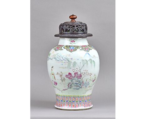 A large Chinese famille-rose broad baluster vase, Yongzheng, delicately painted with an extensive river landscape depicting f