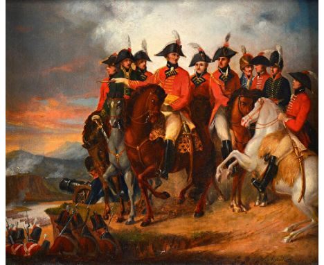 J Rigaud, (early 19th century), Officers on Horseback surveying a battle, oil on panel, signed and dated 1813, 27cm x 32cm.  