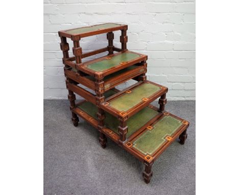 A set of late Victorian oak metamorphic library steps, marquetry inlaid with repeating fox, hound, hunting horn, brush and cr