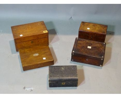 Six 19th century and later boxes, including a mahogany tea caddy, a rosewood jewellery box, a leather jewellery box and three