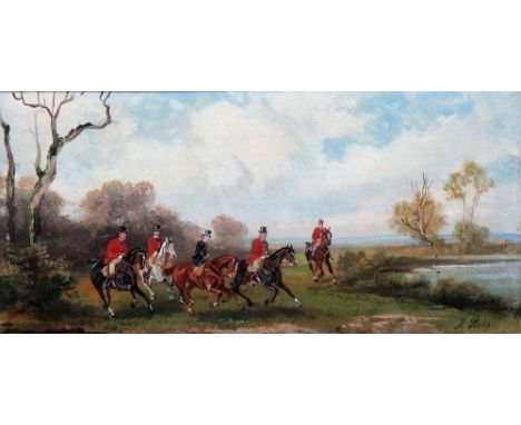 Rudolph Stone (19th/20th century), Hunting scene, oil on panel, signed, 15.5cm x 30cm.  