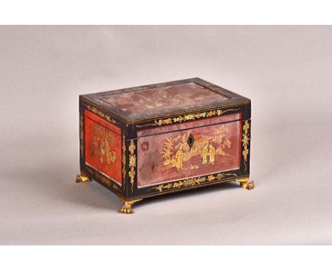 A 19th century Chinese export scarlet, gilt and black lacquer rectangular tea caddy, with pewter twin lidded interior on gilt
