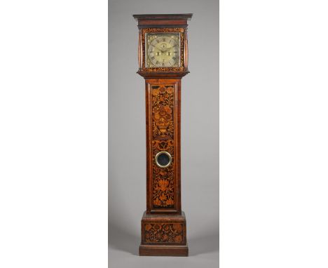 A walnut and marquetry longcase clockThe dial plate signed Thomas Johnson, Londini FecitThe pediment with a moulded cornice a