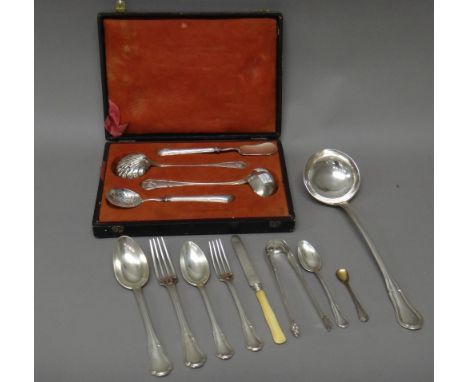 A French part canteen of table flatware, comprising; twelve table forks, twelve tablespoons, twelve dessert forks, twelve des