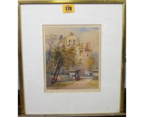Manner of Copley Fielding, Figures before a house, watercolour, 18cm x 14.5cm.; together with two aquatints after Rowlandson 