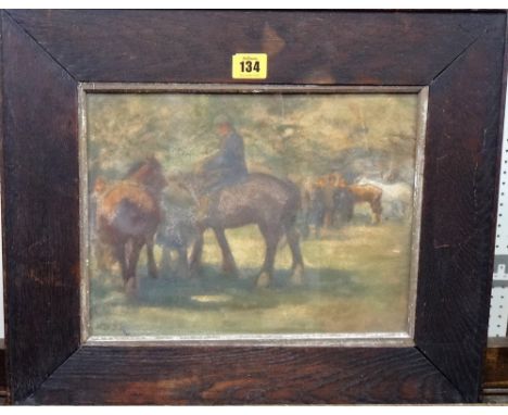 British School (early 20th century), Horses and figures beneath trees, watercolour, indistinctly signed with initials, 23cm x