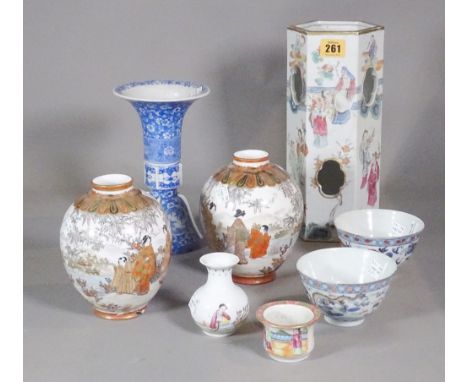 A group of Asian porcelain, late 19th/20th century, comprising;a  Chinese famille-rose hexagonal hat stand painted with figur