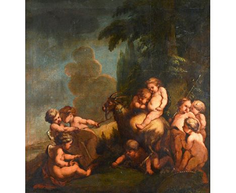 Continental School (18th/19th century), Cherubs and putti playing with  goat, oil on canvas, 111cm x 106cm.  Illustrated. 