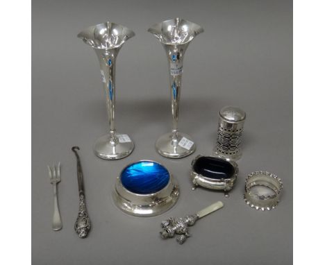 Silver and silver mounted wares, comprising; a pair of trumpet shaped vases, each raised on a circular foot, Birmingham 1904 