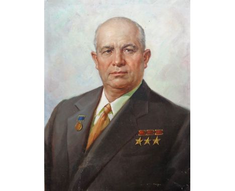 Russian School (mid 20th century), Portrait of Nikita Khrushchev; Portrait of Yuri Andropov, a pair, oil on canvas, unframed,
