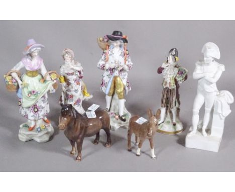 A group of five 20th century Continental porcelain figures and two Beswick figures of a horse and donkey, the largest 22cm hi