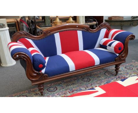 A George IV mahogany framed rollover end sofa, with later Union Jack upholstery, 223cm wide x 104cm high.  