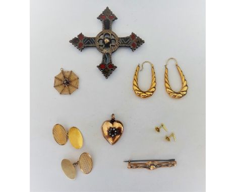 A seed pearl and red gem set heart shaped pendant locket, a Victorian varicoloured agate set cross motif, probably Scottish, 