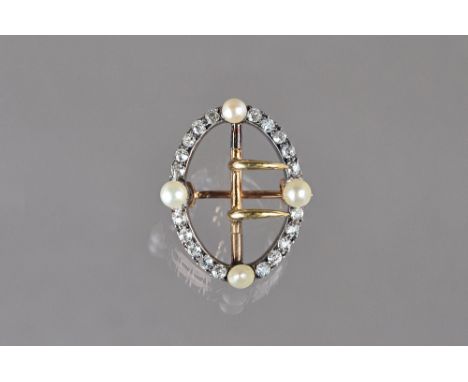 A Victorian diamond and cultured pearl brooch, in an oval openwork buckle design, mounted with cushion shaped diamonds and wi
