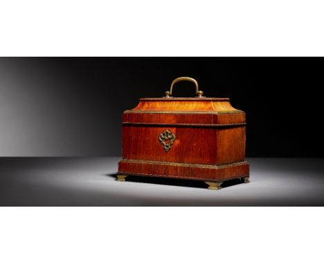 Attributed to Abraham Roentgen; a mid 18th century German brass bound tulip wood sarcophagus tea caddy, with triple canister 