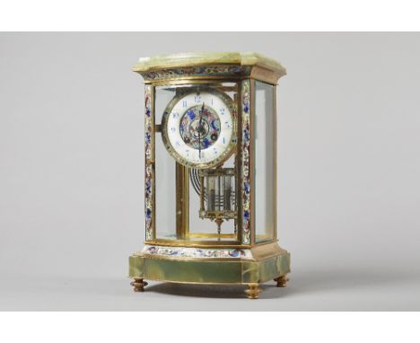 A French onyx and cloisonné enamel four glass mantel clockCirca 1900The bow-fronted case with bevelled glazed front, back and