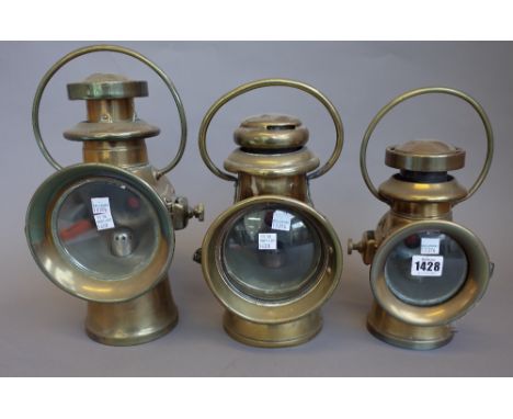 A pair of 3.5 inch H&amp;B brass cased automobile oil lamps, a 4.5 inch H&amp;B brass cased automobile side lamp, a 4.5 inch 