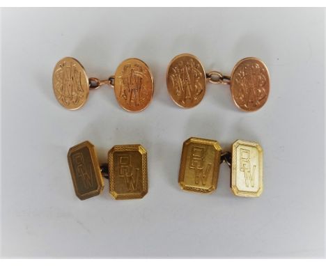 A pair of 9ct gold cut cornered rectangular cufflinks, the backs and the fronts initial engraved within an engine turned bord