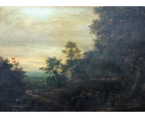 Follower of Patrick Nasmyth, Figures before a cottage in a wooded landscape, oil on board, 37cm x 51cm.  