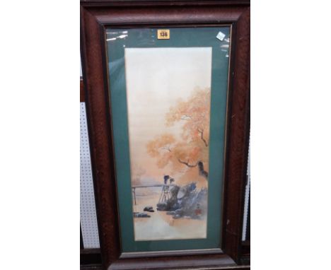 A group of five, including a Japanese watercolour of figures on a bridge, a pair of Chinese watercolours on silk, and a pair 